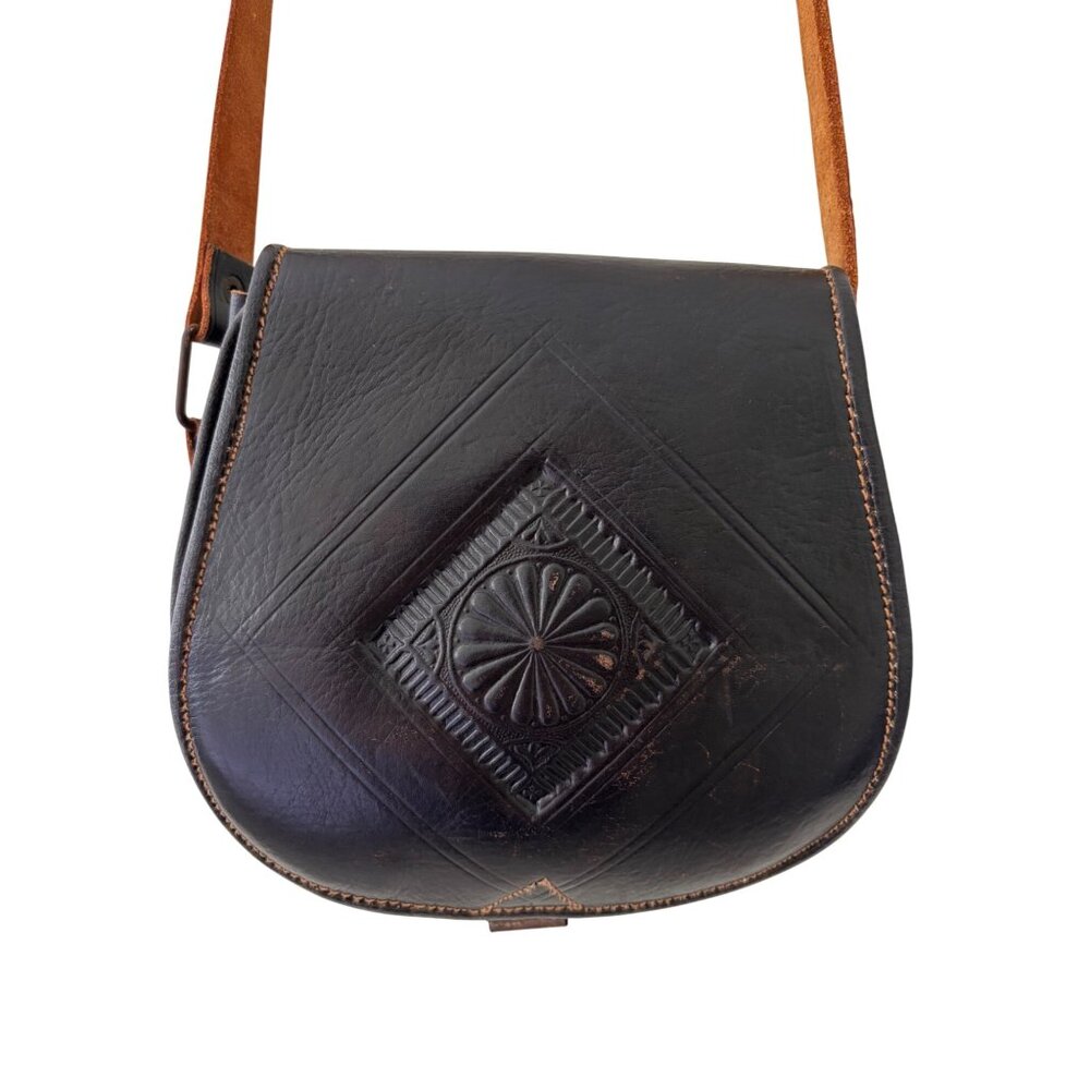 Vintage Handcrafted Black Leather Crossbody Bag With Embossed Design